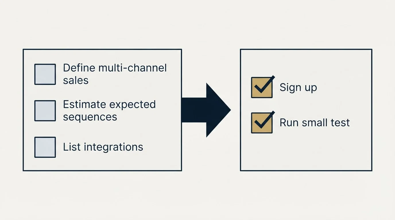 Before-and-after steps: Getting Started Checklist (Define multi-channel sales, Estimate expected sequences, List integrations, Sign up)