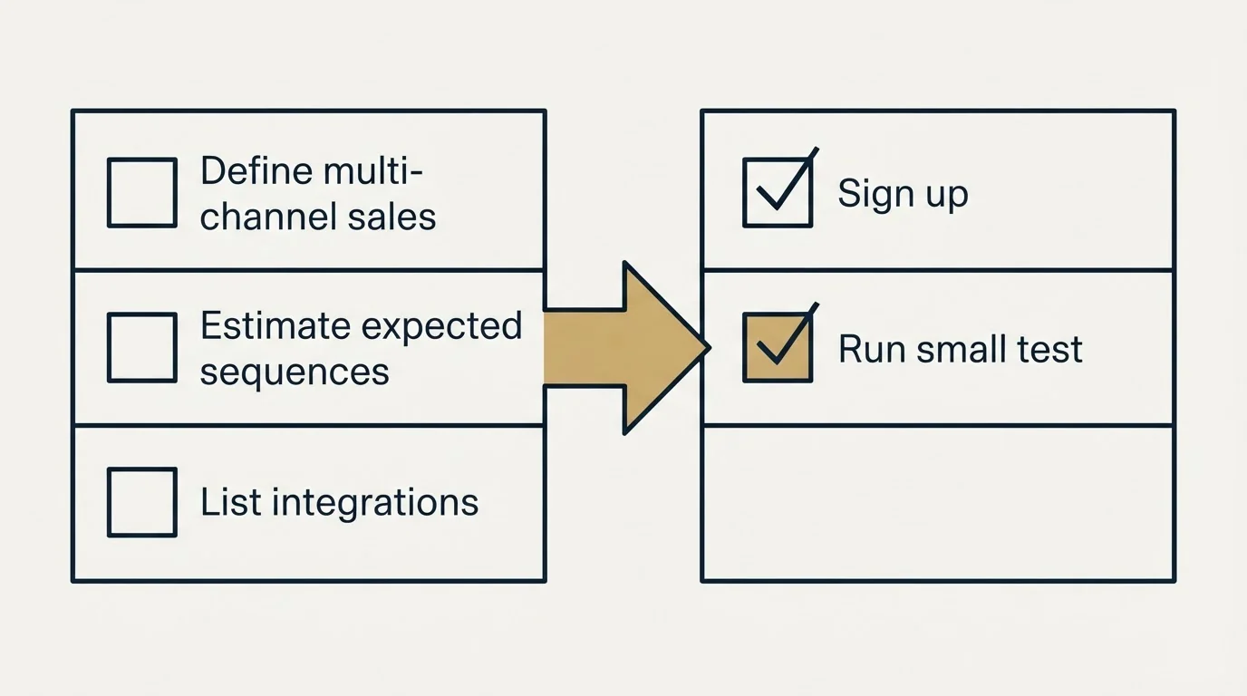 Before-and-after steps: Getting Started Checklist (Define multi-channel sales, Estimate expected sequences, List integrations, Sign up)