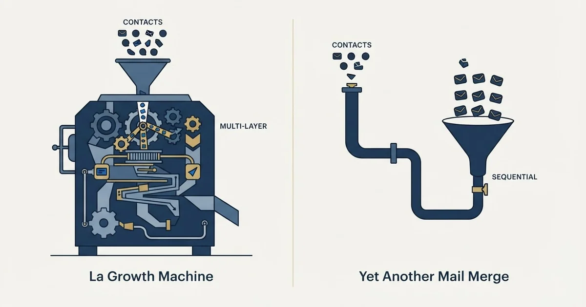 Editorial illustration for La Growth Machine vs Yet Another Mail Merge
