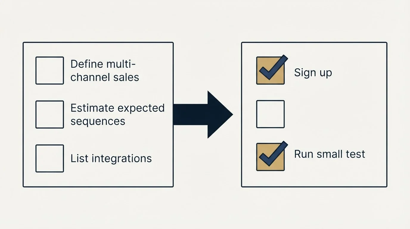 Before-and-after steps: Getting Started Checklist (Define multi-channel sales, Estimate expected sequences, List integrations, Sign up)
