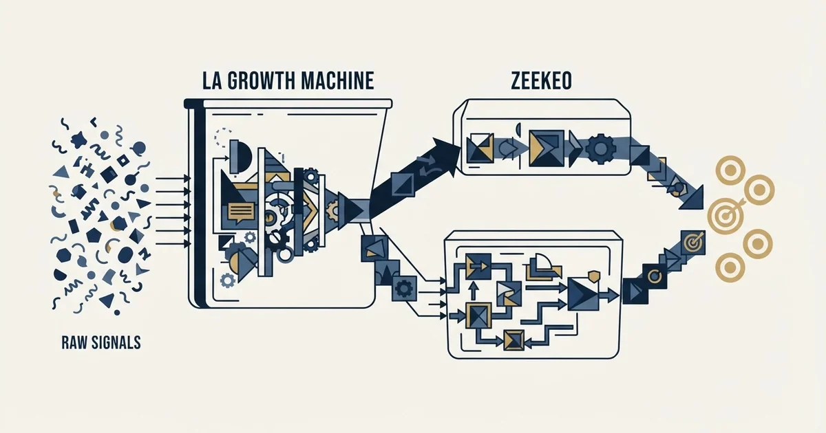 Editorial illustration for La Growth Machine vs Zeekeo