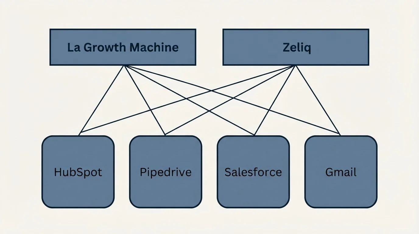 Integration grid: Integration Ecosystem (La Growth Machine, Zeliq, HubSpot, Pipedrive)