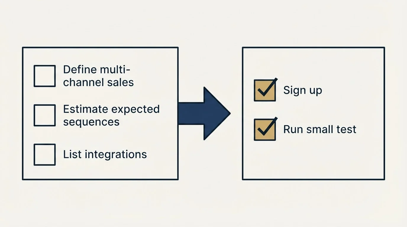 Before-and-after steps: Getting Started Checklist (Define multi-channel sales, Estimate expected sequences, List integrations, Sign up)
