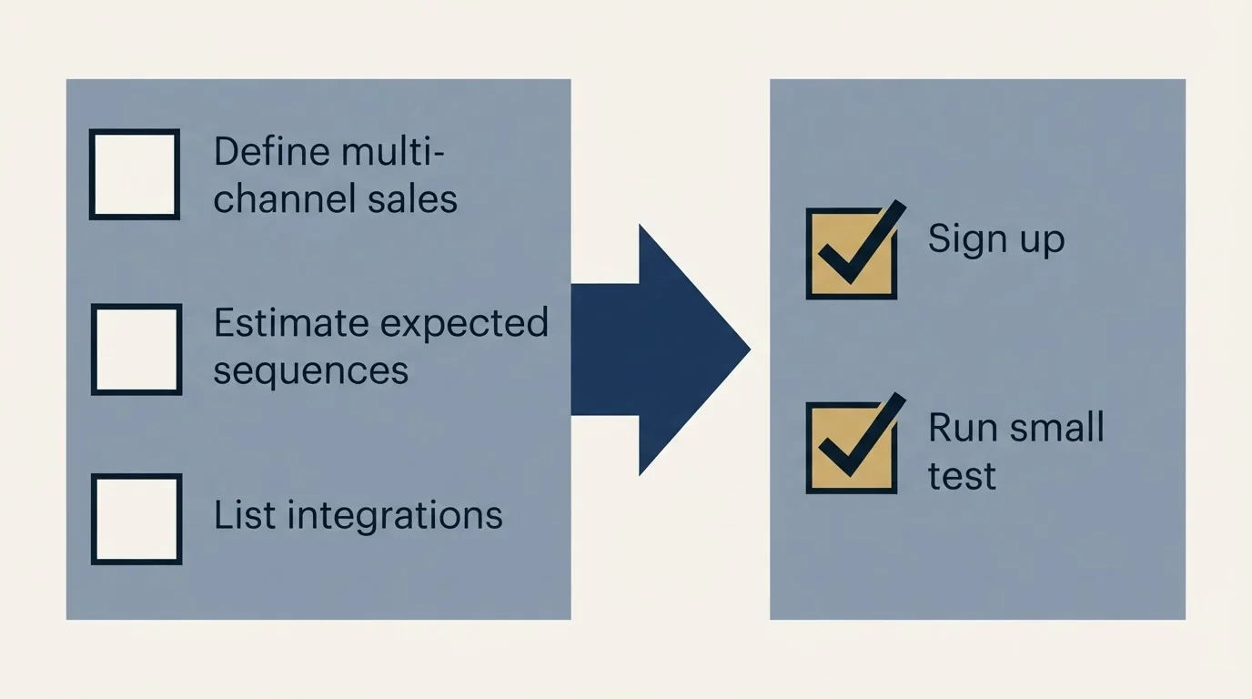 Before-and-after steps: Getting Started Checklist (Define multi-channel sales, Estimate expected sequences, List integrations, Sign up)