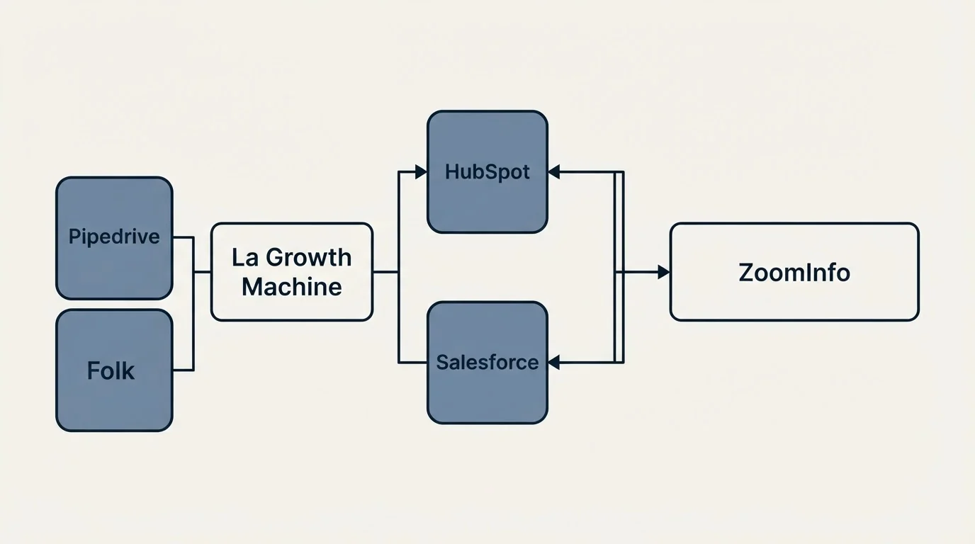 Integration flow: Integration Ecosystem (La Growth Machine, ZoomInfo, HubSpot, Salesforce)