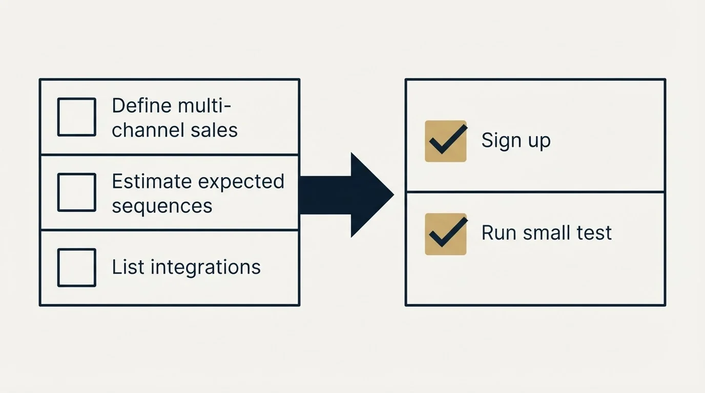 Before-and-after steps: Getting Started Checklist (Define multi-channel sales, Estimate expected sequences, List integrations, Sign up)