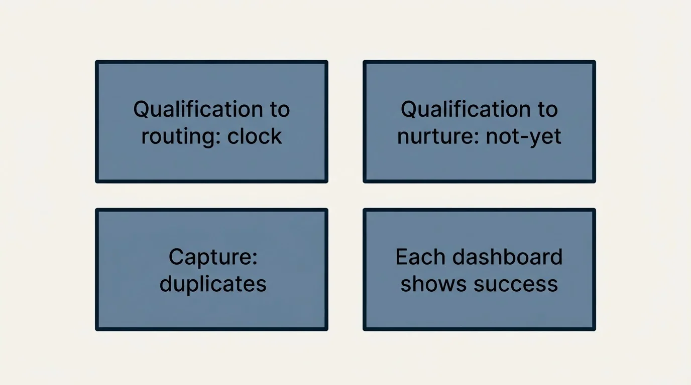 Schematic: Why it matters: the two seams that leak (Qualification to routing: clock, Qualification to nurture: not-yet, Capture: duplicates, Each dashboard shows success)