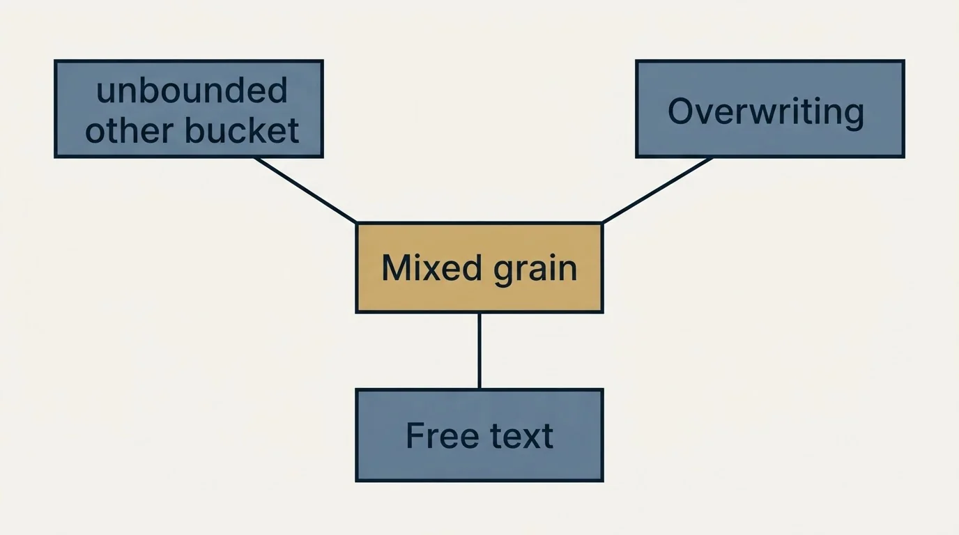 Schematic: Why the taxonomy decides every later number (Mixed grain, unbounded other bucket, Overwriting, Free text)
