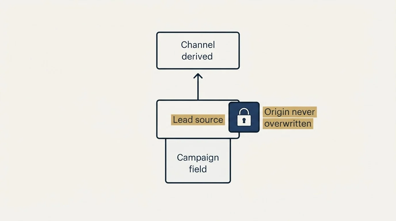 Schematic: The short version (Lead source, Channel derived, Campaign field, Origin never overwritten)