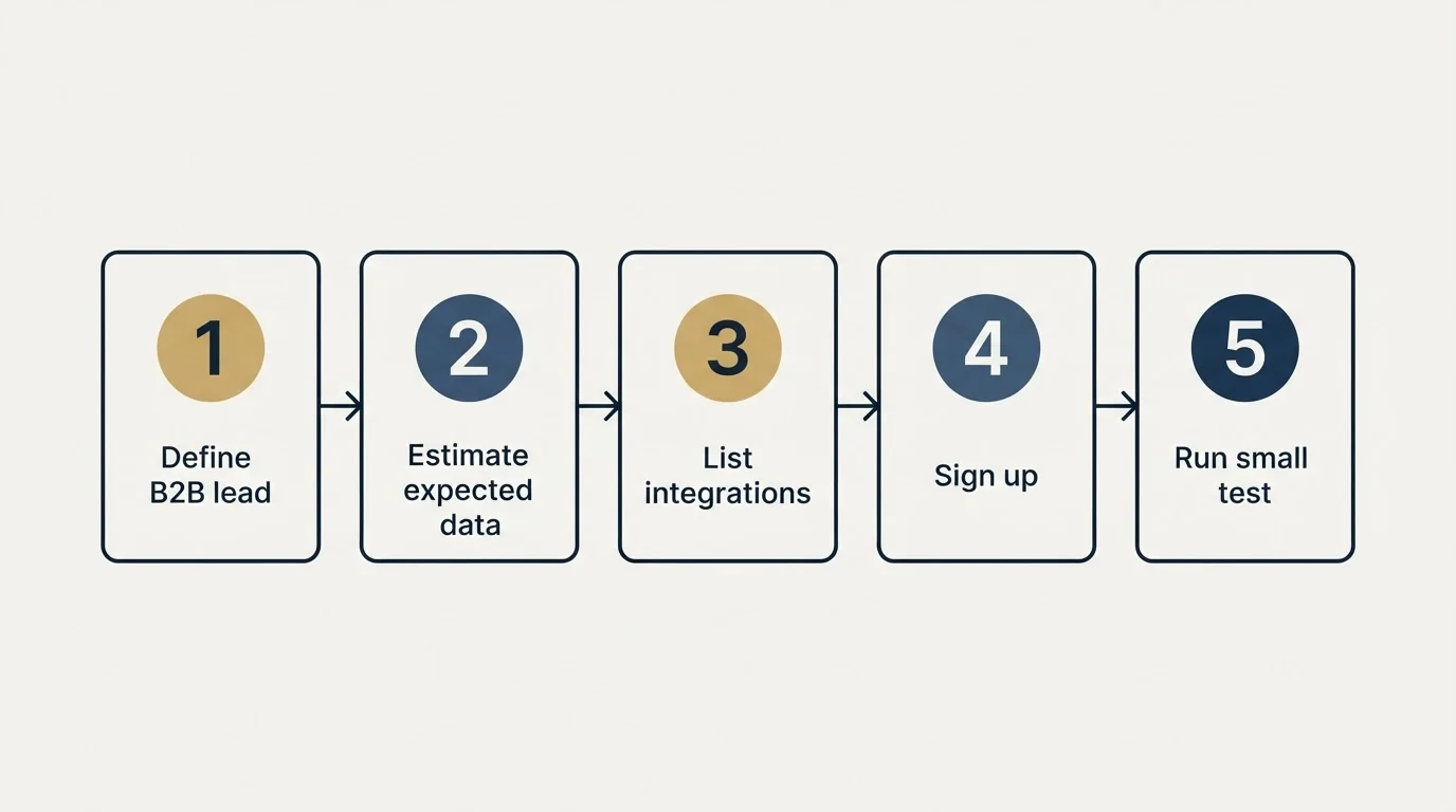 Step sequence: Getting Started Checklist (Define B2B lead, Estimate expected data, List integrations, Sign up)