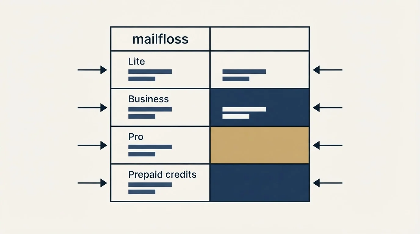 Pricing table: Pricing Comparison (mailfloss, Lite, Business, Pro)