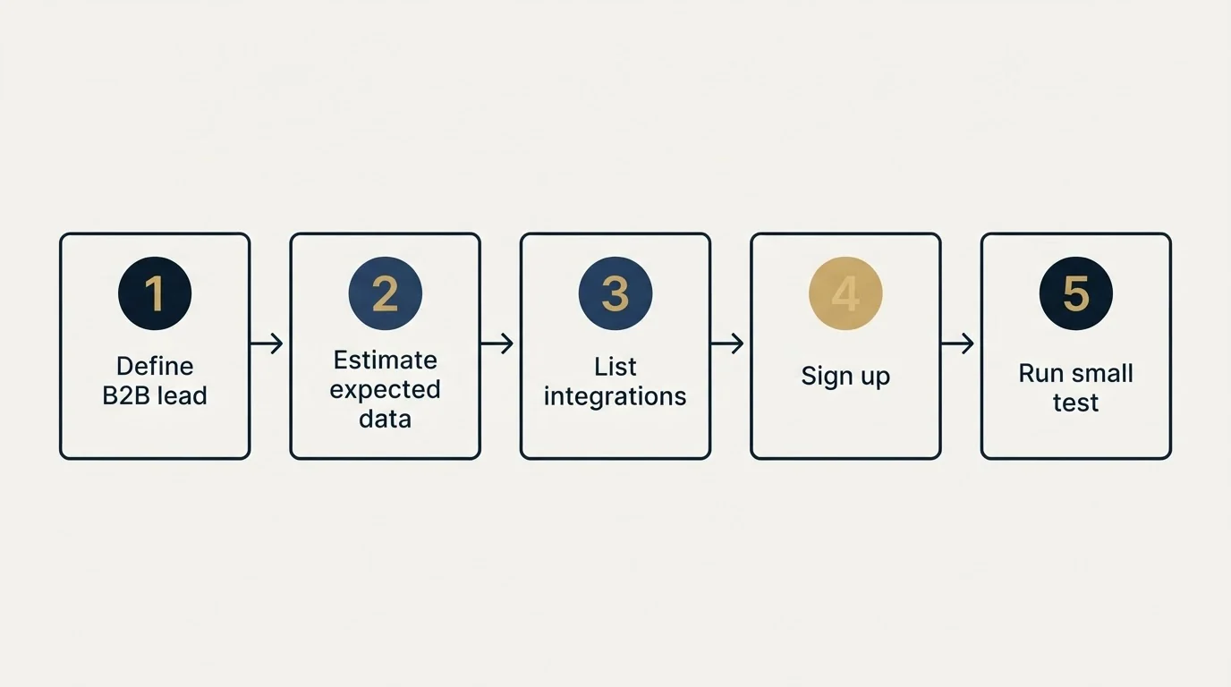 Step sequence: Getting Started Checklist (Define B2B lead, Estimate expected data, List integrations, Sign up)