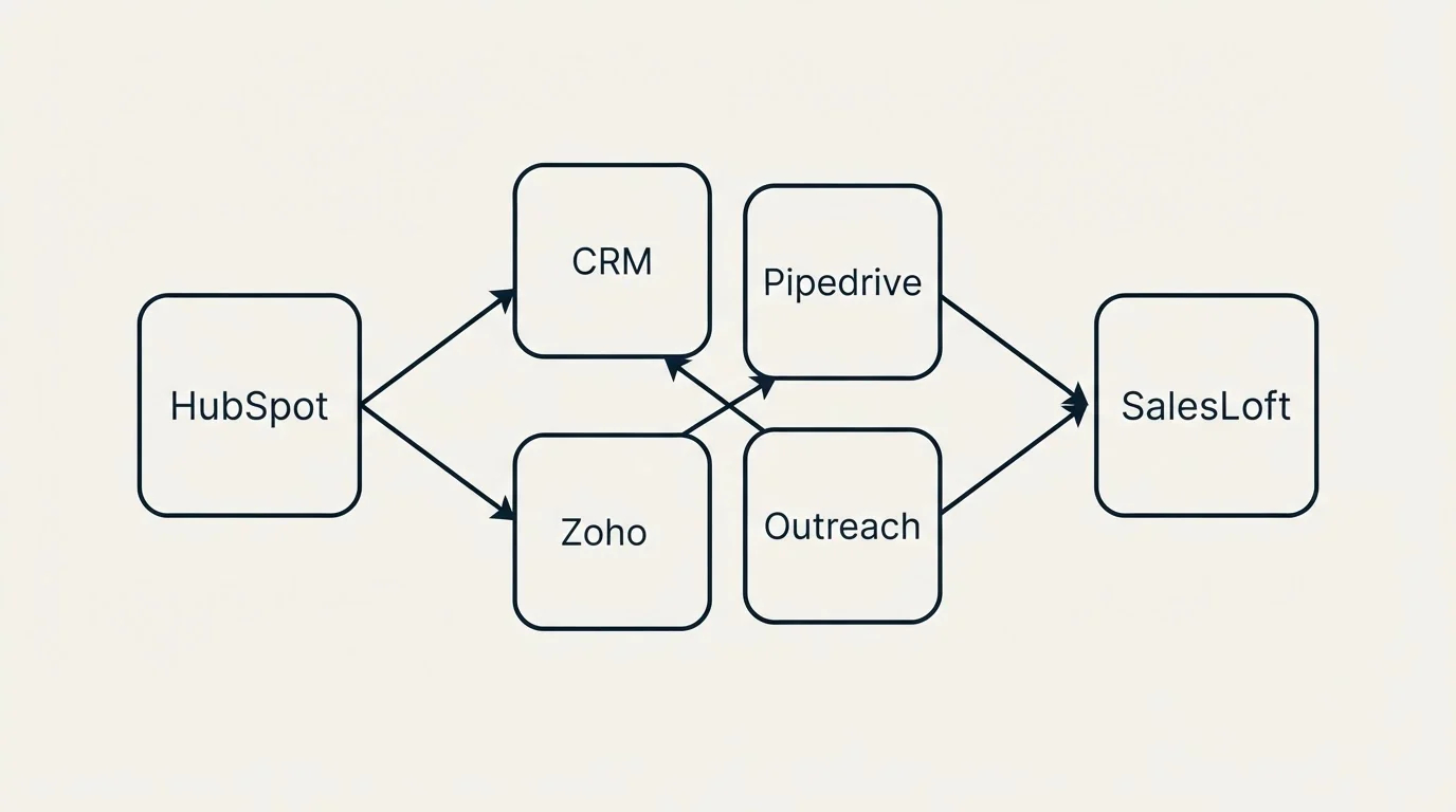 Integration schematic: Integration Ecosystem (HubSpot, Zoho, CRM, Pipedrive)