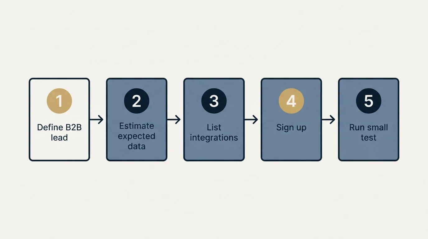 Step sequence: Getting Started Checklist (Define B2B lead, Estimate expected data, List integrations, Sign up)
