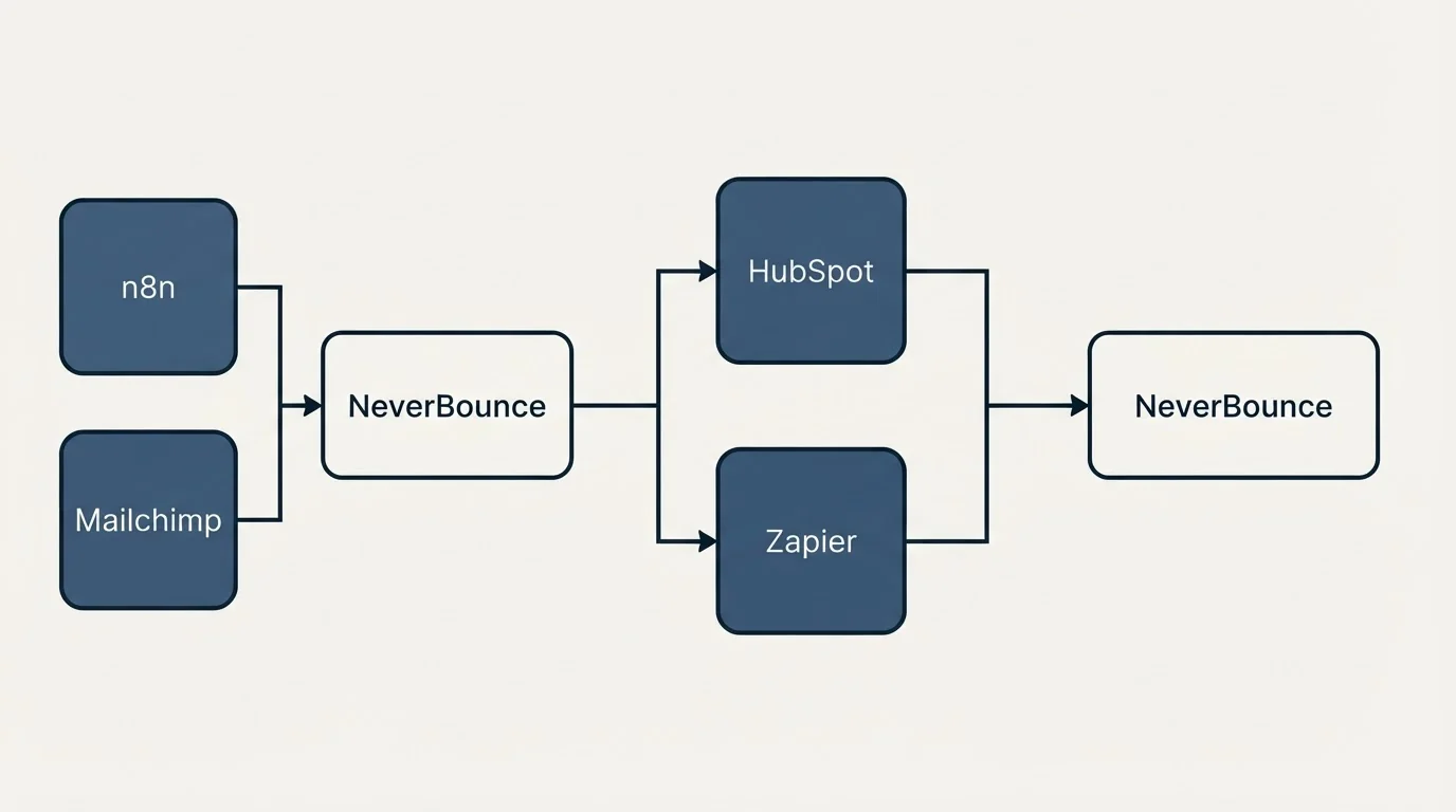 Integration flow: Integration Ecosystem (NeverBounce, HubSpot, Zapier, n8n)
