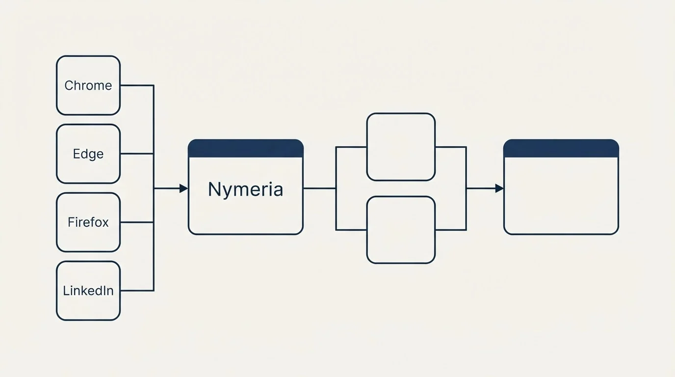 Integration flow: Integration Ecosystem (Nymeria, Chrome, Edge, Firefox)