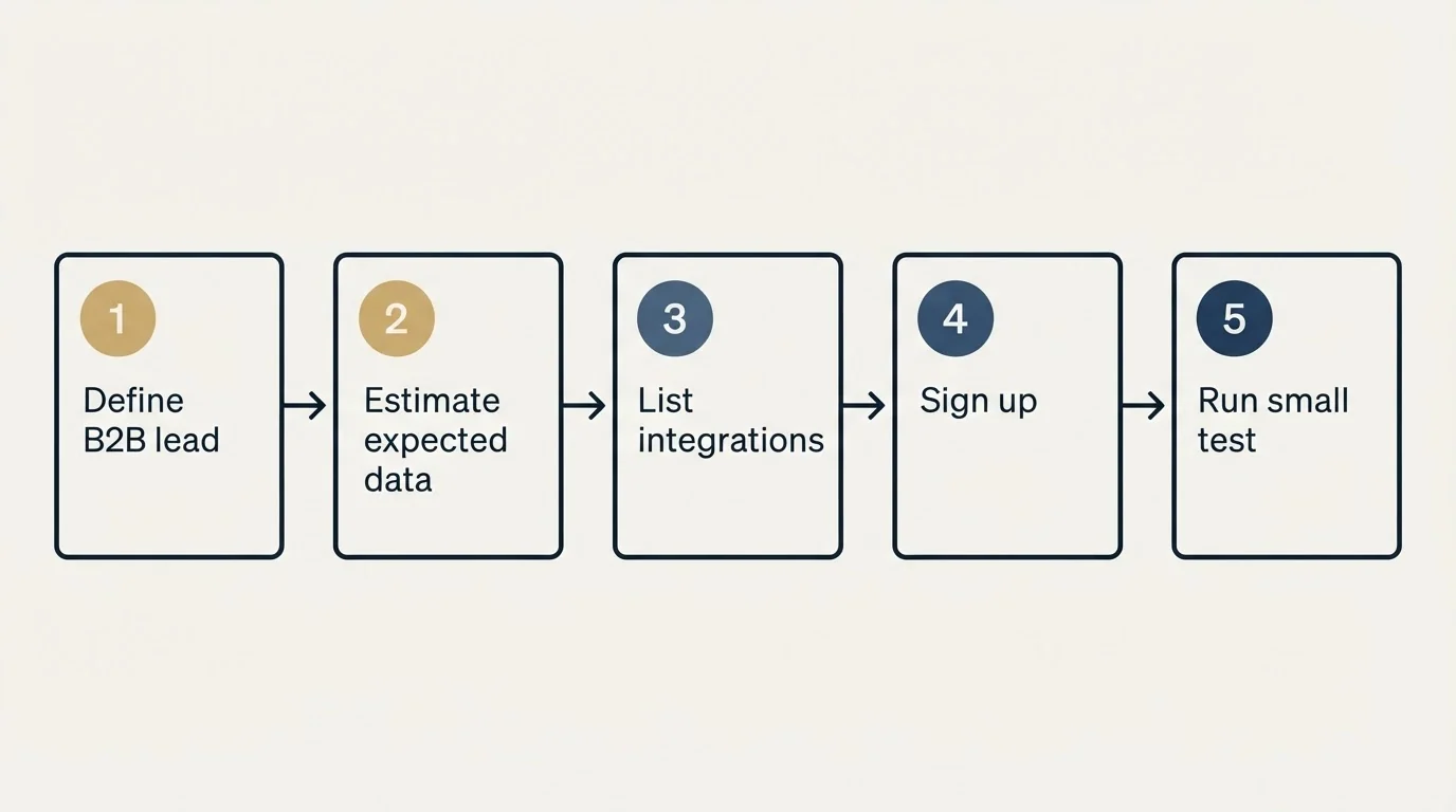 Step sequence: Getting Started Checklist (Define B2B lead, Estimate expected data, List integrations, Sign up)