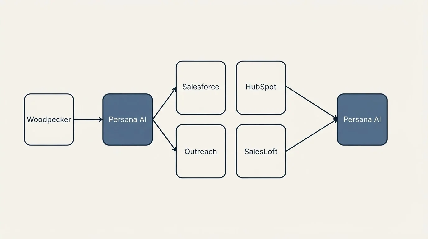 Integration schematic: Integration Ecosystem (Persana AI, Salesforce, HubSpot, Outreach)