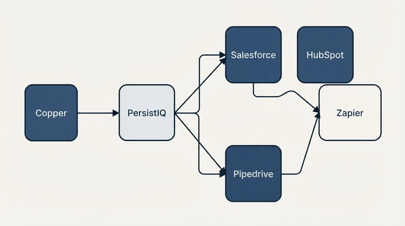 Integration schematic: Integration Ecosystem (PersistIQ, Salesforce, HubSpot, Pipedrive)