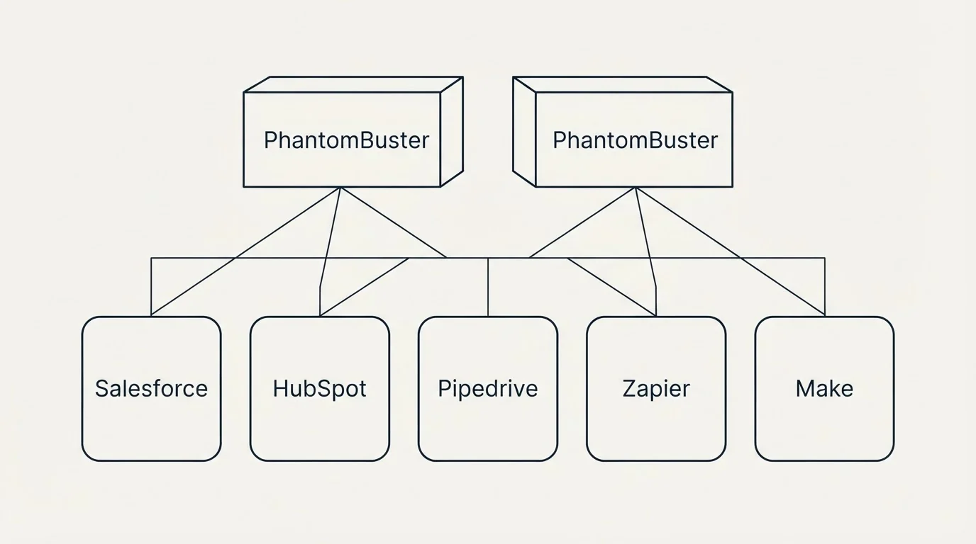 Integration grid: Integration Ecosystem (PhantomBuster, Salesforce, HubSpot, Pipedrive)
