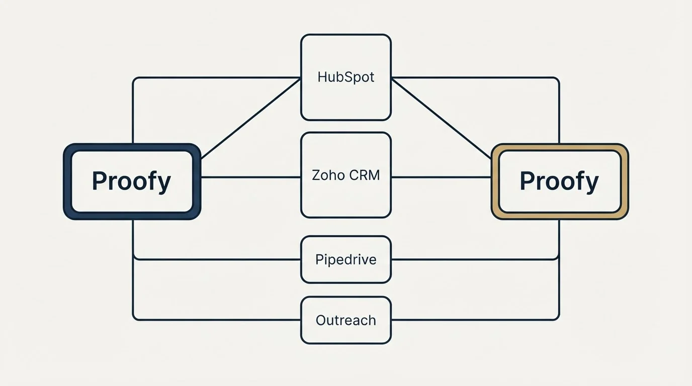 Integration schematic: Integration Ecosystem (Proofy, HubSpot, Zoho, CRM)