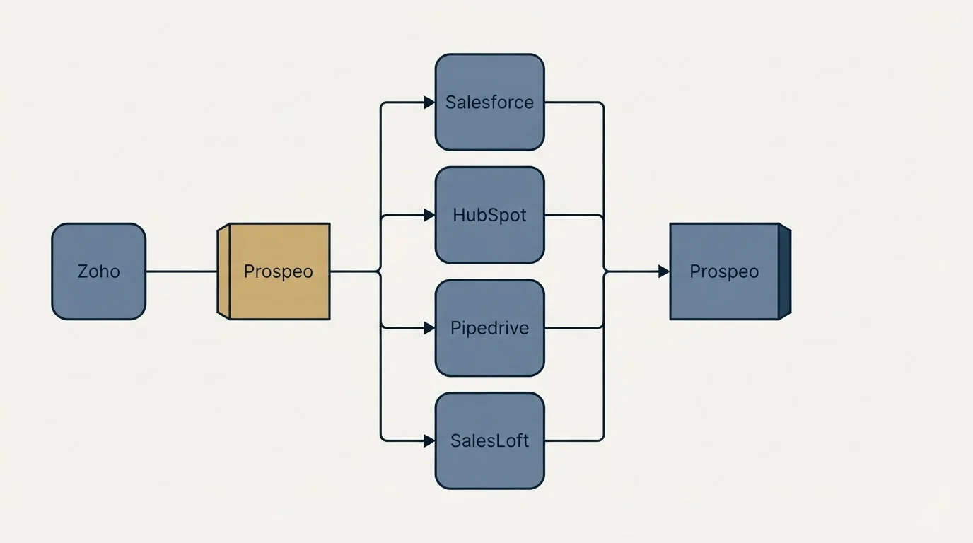 Integration flow: Integration Ecosystem (Prospeo, Salesforce, HubSpot, Pipedrive)