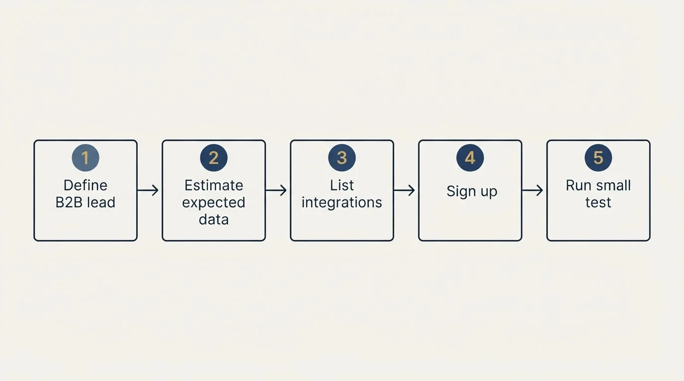 Step sequence: Getting Started Checklist (Define B2B lead, Estimate expected data, List integrations, Sign up)