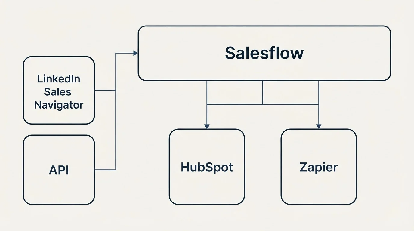 Integration grid: Integration Ecosystem (Salesflow, HubSpot, Zapier, LinkedIn Sales Navigator)