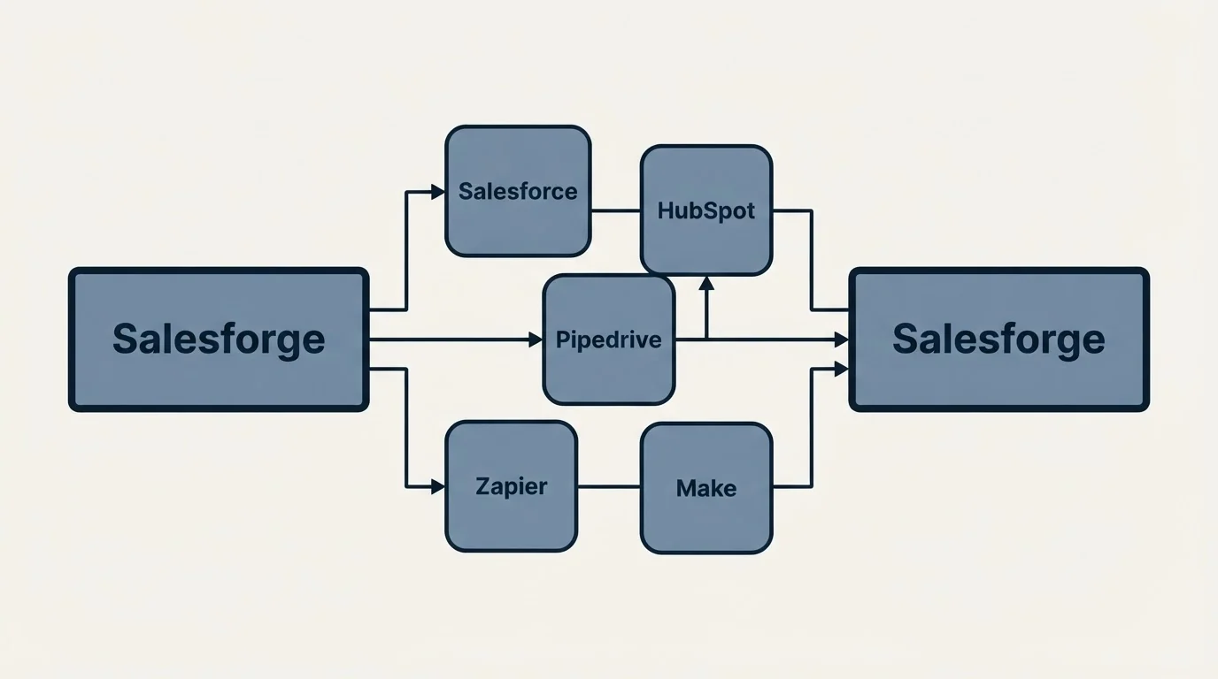 Integration schematic: Integration Ecosystem (Salesforge, Salesforce, HubSpot, Pipedrive)