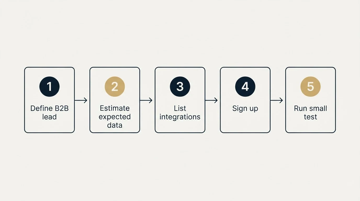 Step sequence: Getting Started Checklist (Define B2B lead, Estimate expected data, List integrations, Sign up)