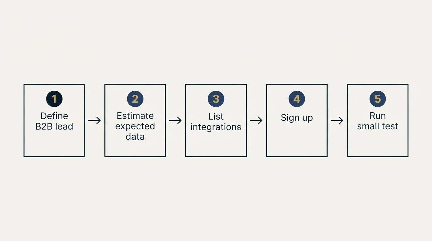Step sequence: Getting Started Checklist (Define B2B lead, Estimate expected data, List integrations, Sign up)