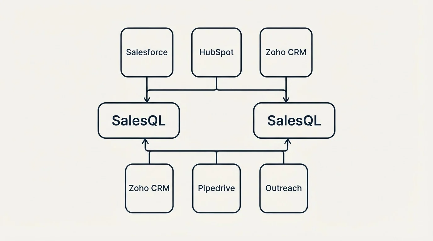 Integration schematic: Integration Ecosystem (SalesQL, Salesforce, HubSpot, Zoho CRM)