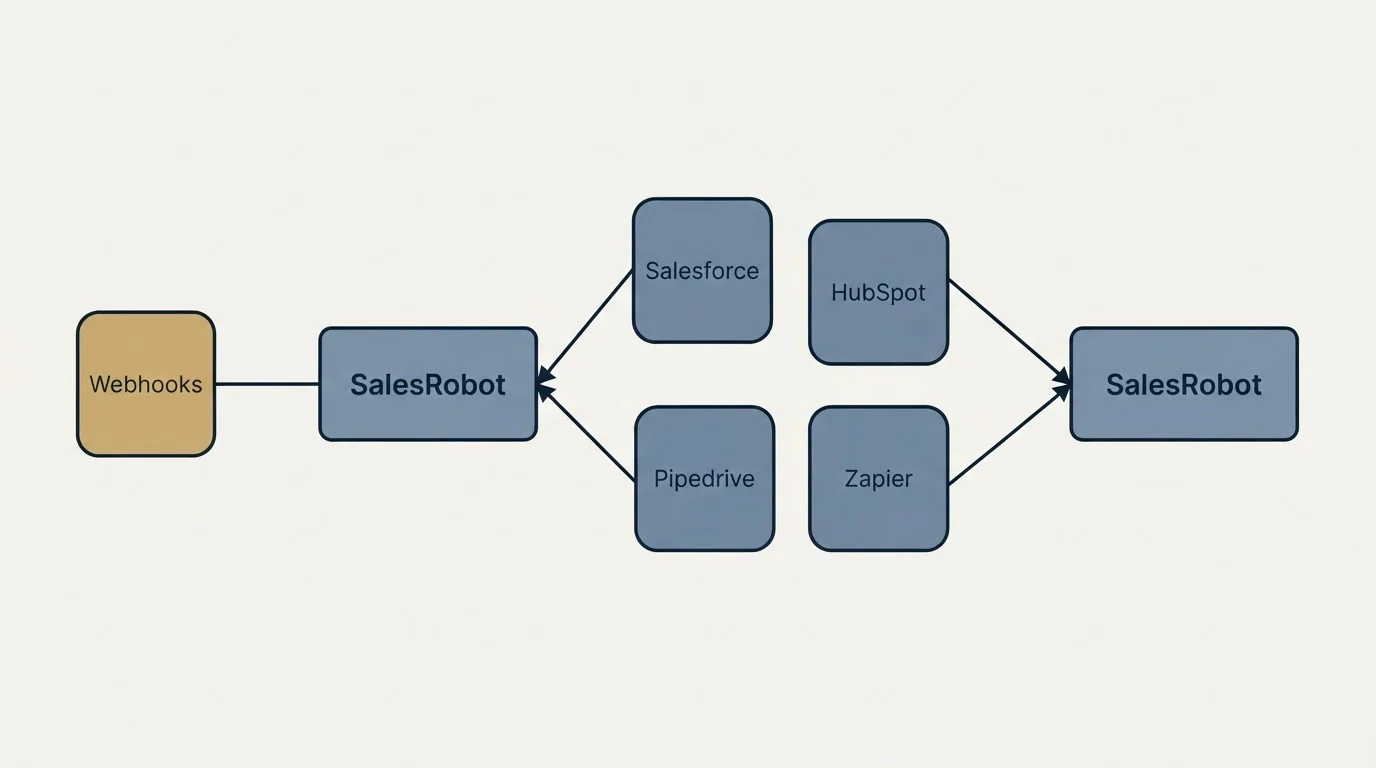Integration schematic: Integration Ecosystem (SalesRobot, Salesforce, HubSpot, Pipedrive)