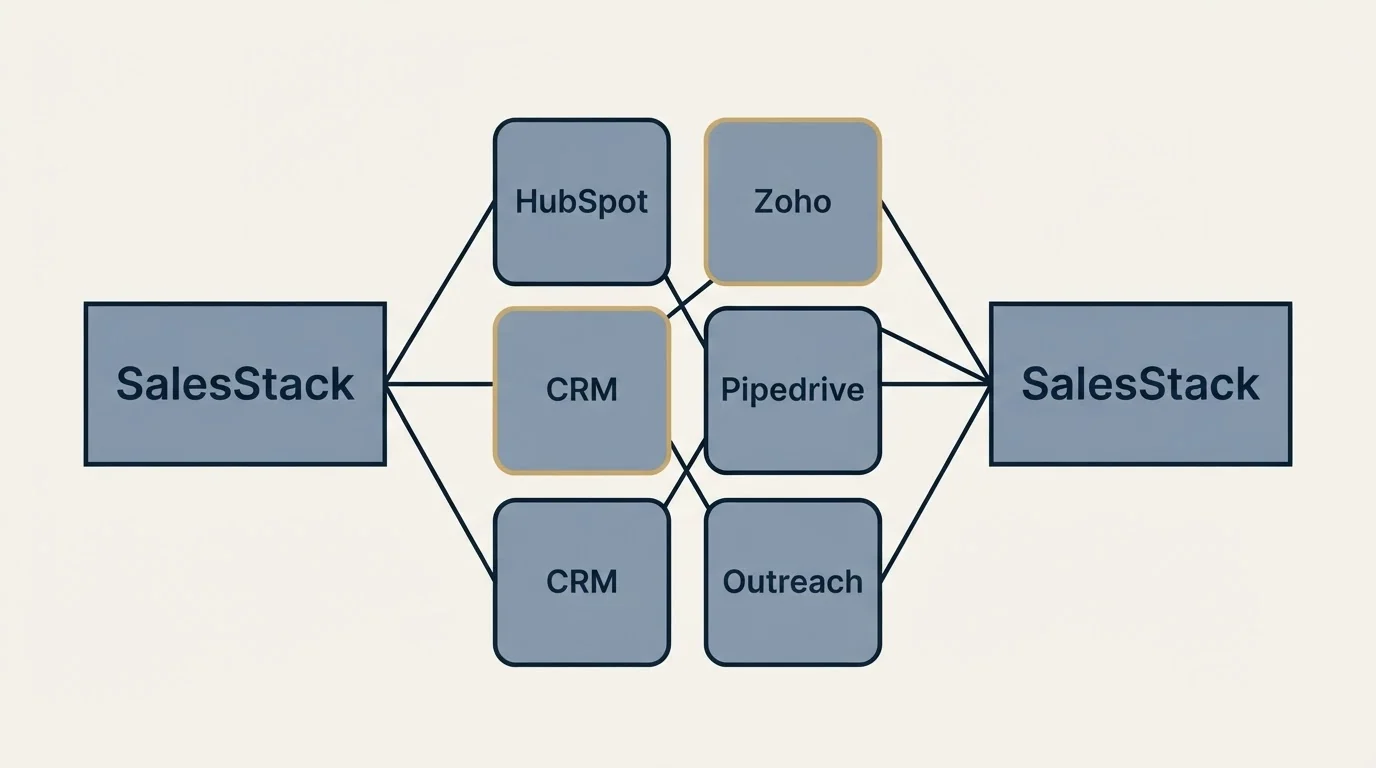 Integration schematic: Integration Ecosystem (SalesStack, HubSpot, Zoho, CRM)