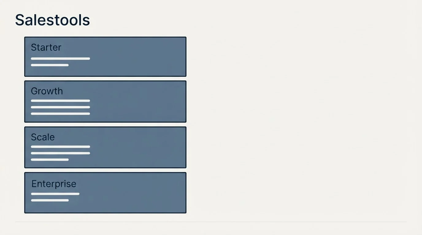 Pricing panels: Pricing Comparison (Salestools, Starter, Growth, Scale)