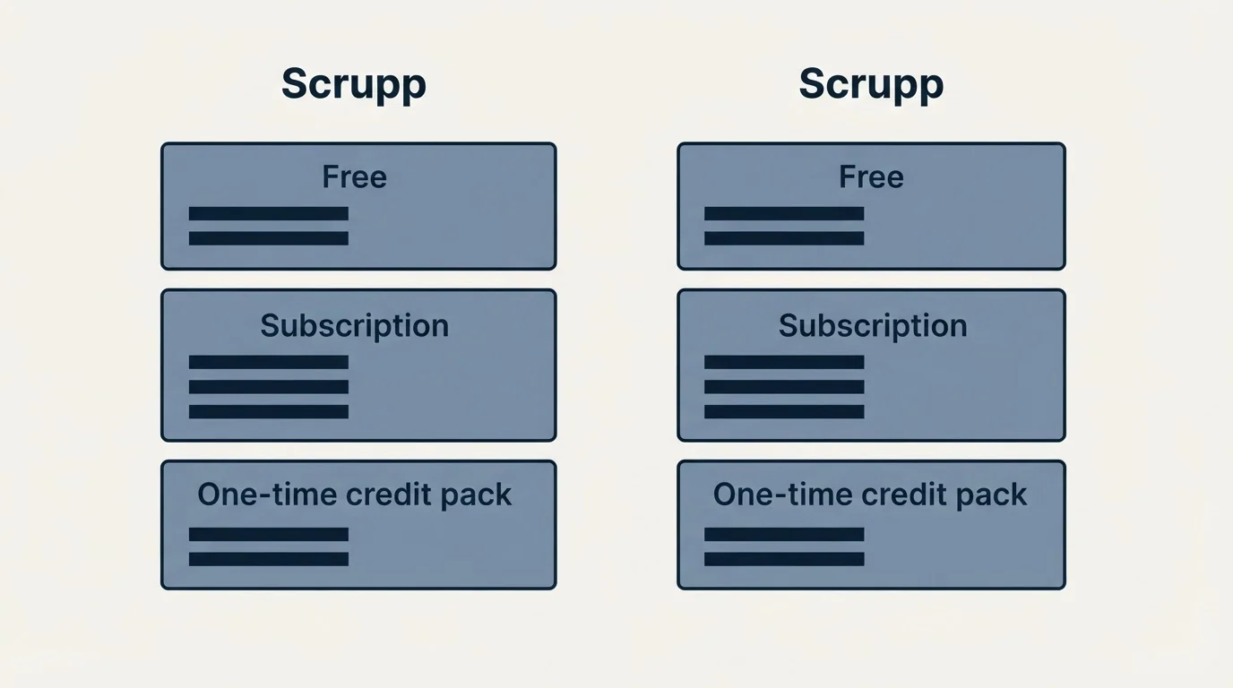 Pricing panels: Pricing Comparison (Scrupp, Free, Subscription, One-time credit pack)