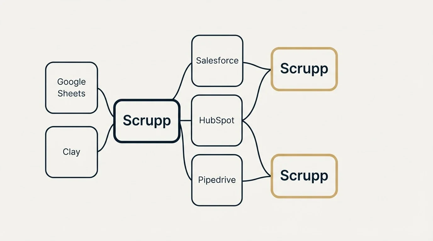 Integration schematic: Integration Ecosystem (Scrupp, Salesforce, HubSpot, Pipedrive)