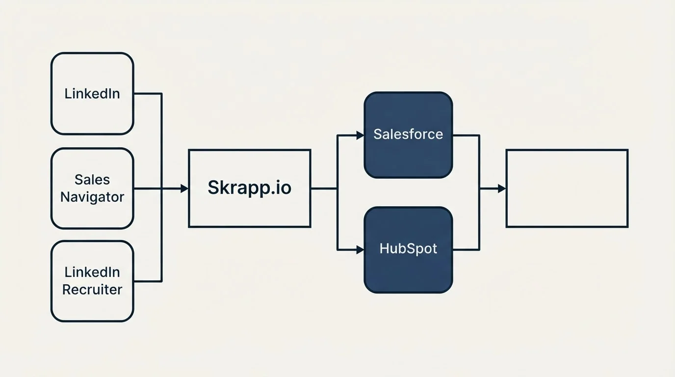 Integration flow: Integration Ecosystem (Skrapp.io, Salesforce, HubSpot, LinkedIn)