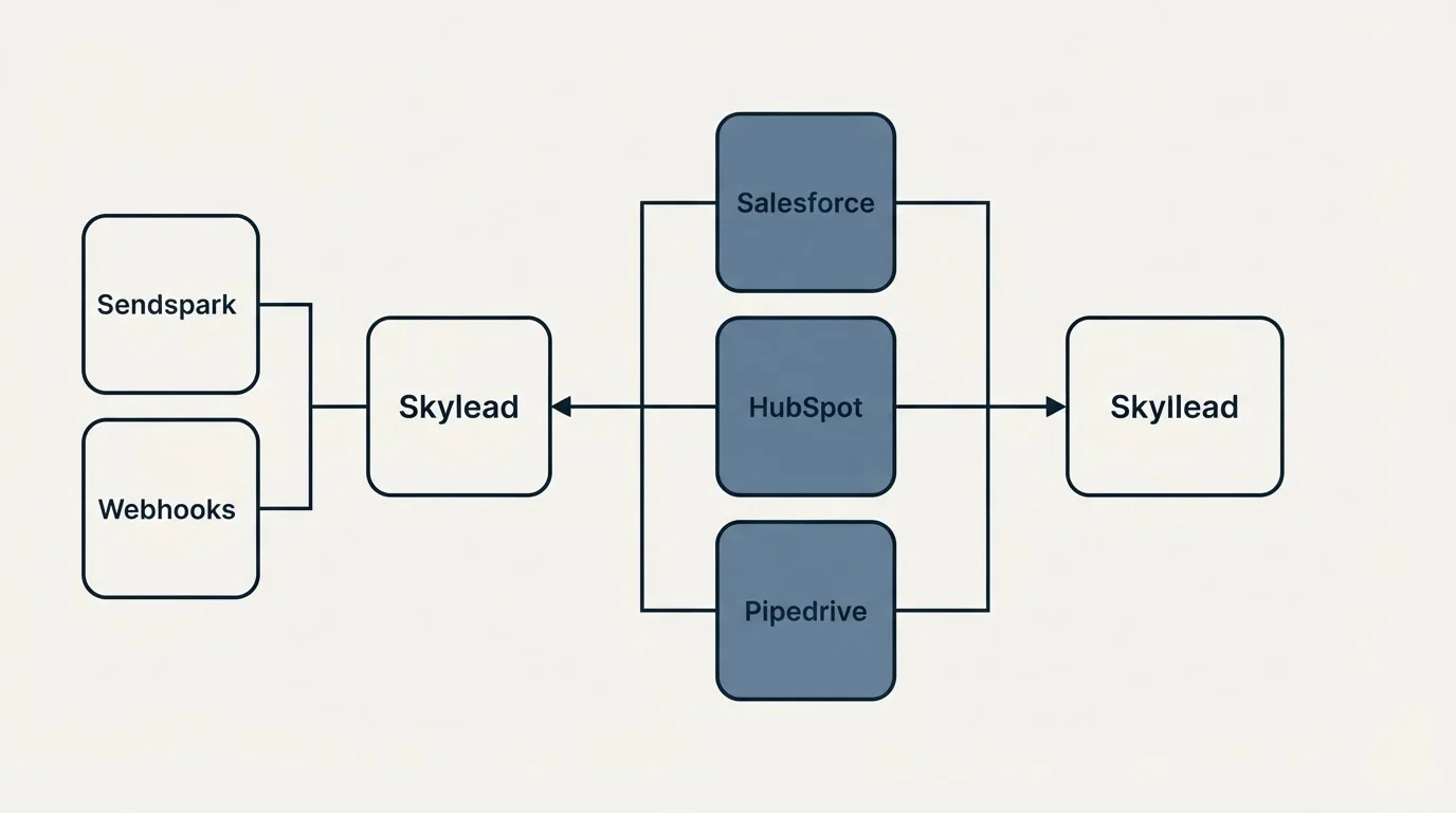 Integration flow: Integration Ecosystem (Skylead, Salesforce, HubSpot, Pipedrive)