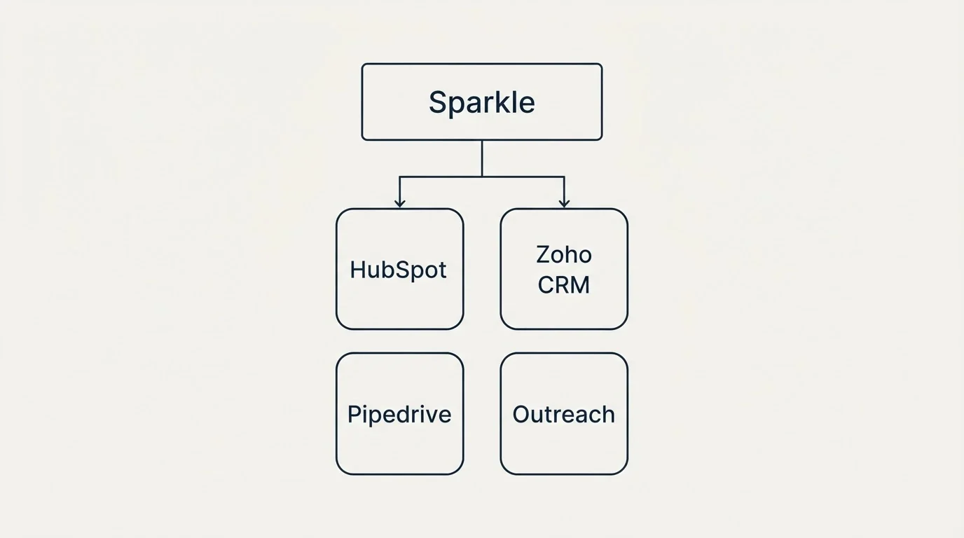 Integration grid: Integration Ecosystem (Sparkle, HubSpot, Zoho, CRM)