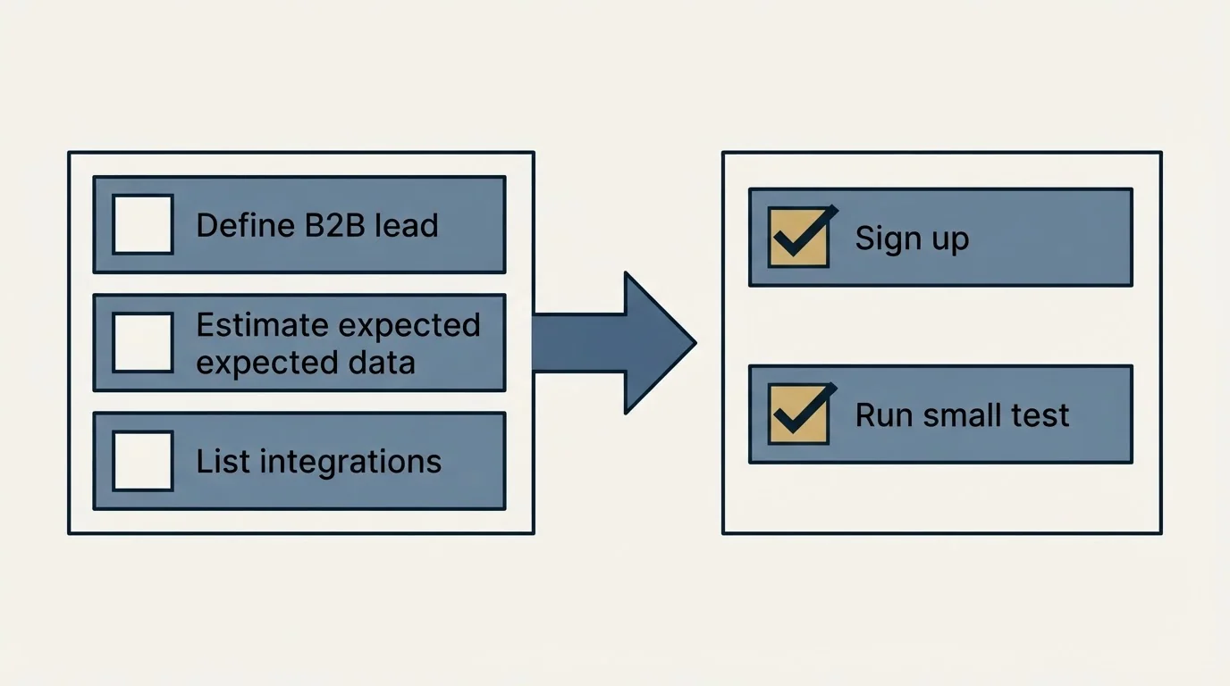 Before-and-after steps: Getting Started Checklist (Define B2B lead, Estimate expected data, List integrations, Sign up)
