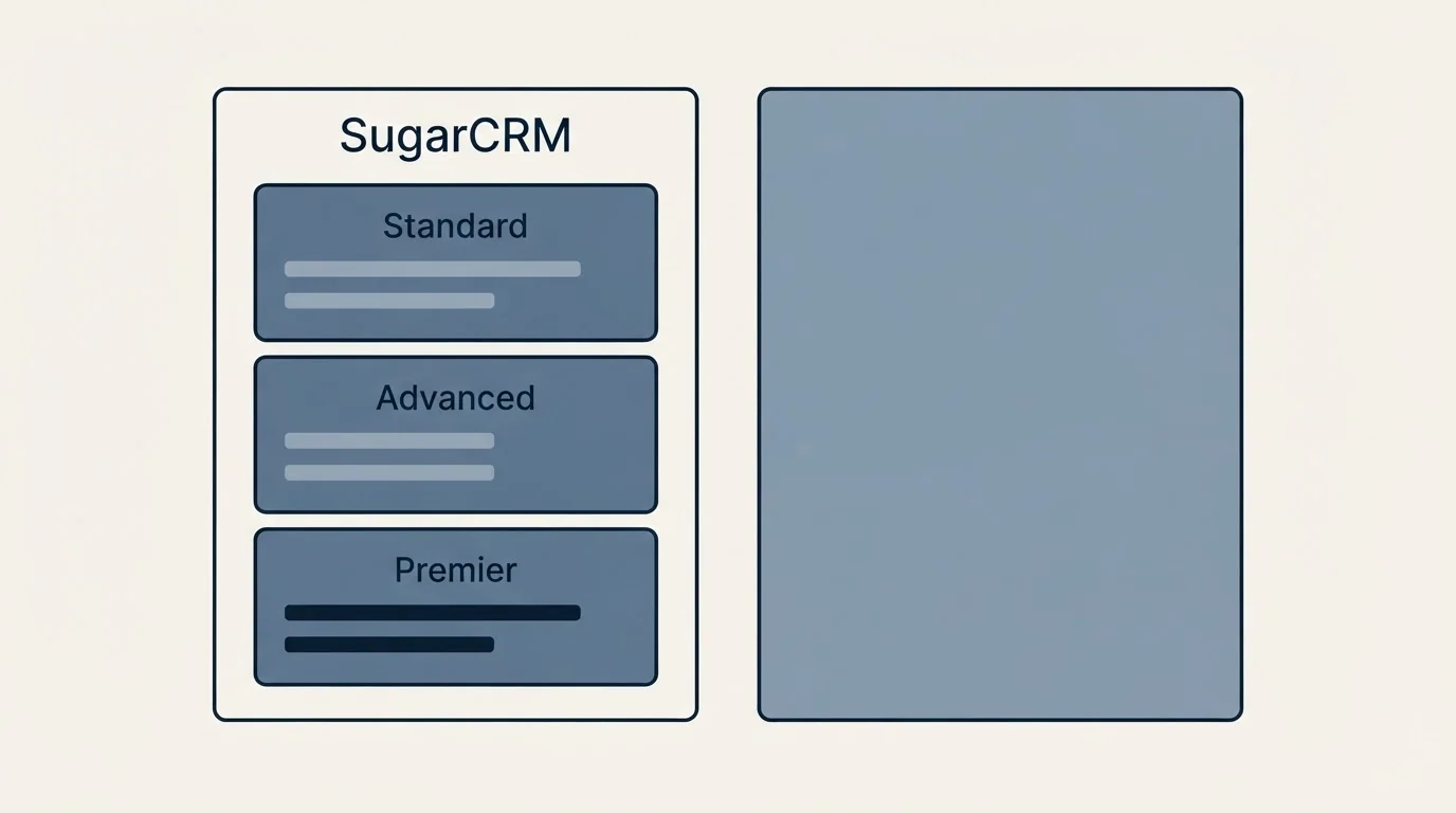 Pricing panels: Pricing Comparison (SugarCRM, Standard, Advanced, Premier)