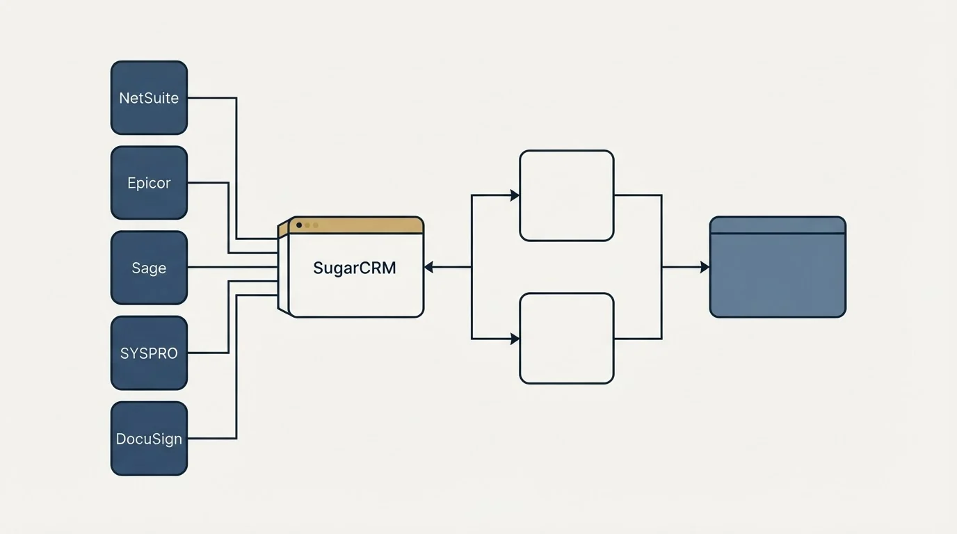 Integration flow: Integration Ecosystem (SugarCRM, NetSuite, Epicor, Sage)