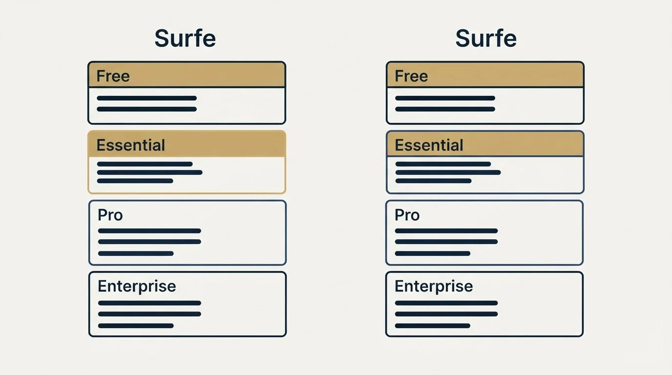Pricing panels: Pricing Comparison (Surfe, Free, Essential, Pro)