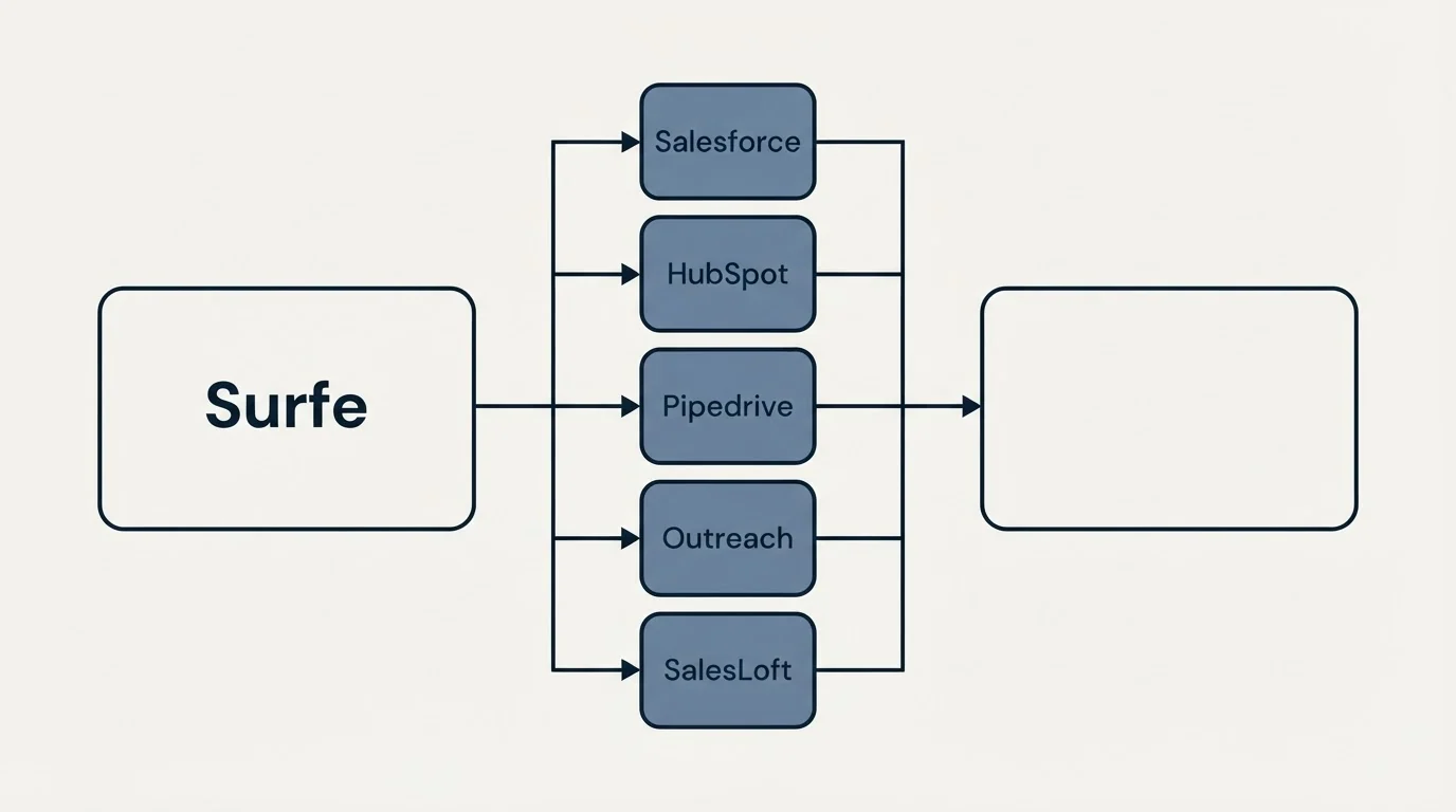 Integration flow: Integration Ecosystem (Surfe, Salesforce, HubSpot, Pipedrive)