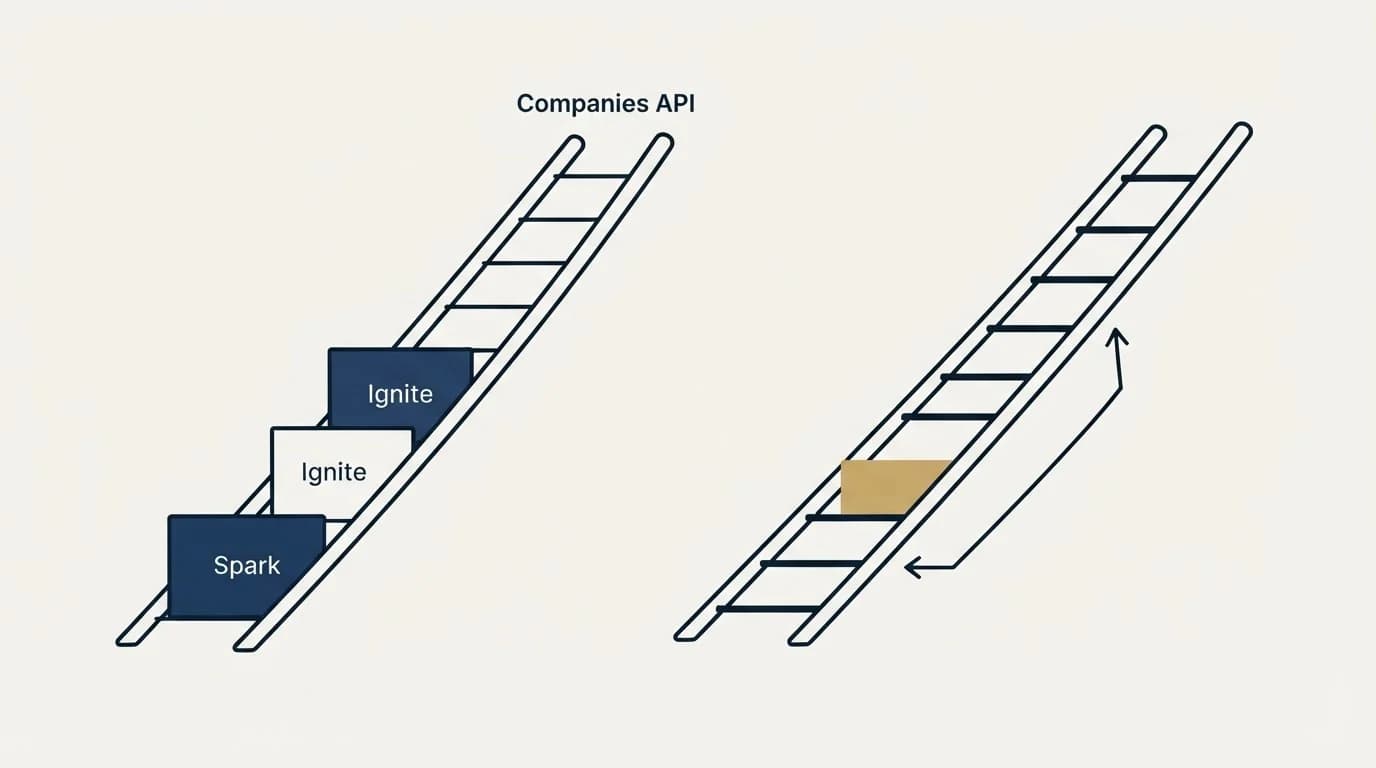 Pricing ladder: Pricing Comparison (Companies API, Spark, Ignite)