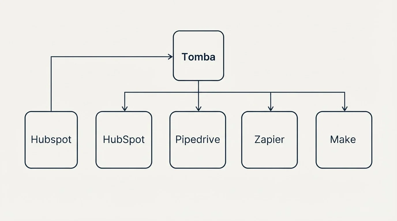 Integration grid: Integration Ecosystem (Tomba, HubSpot, Pipedrive, Zapier)