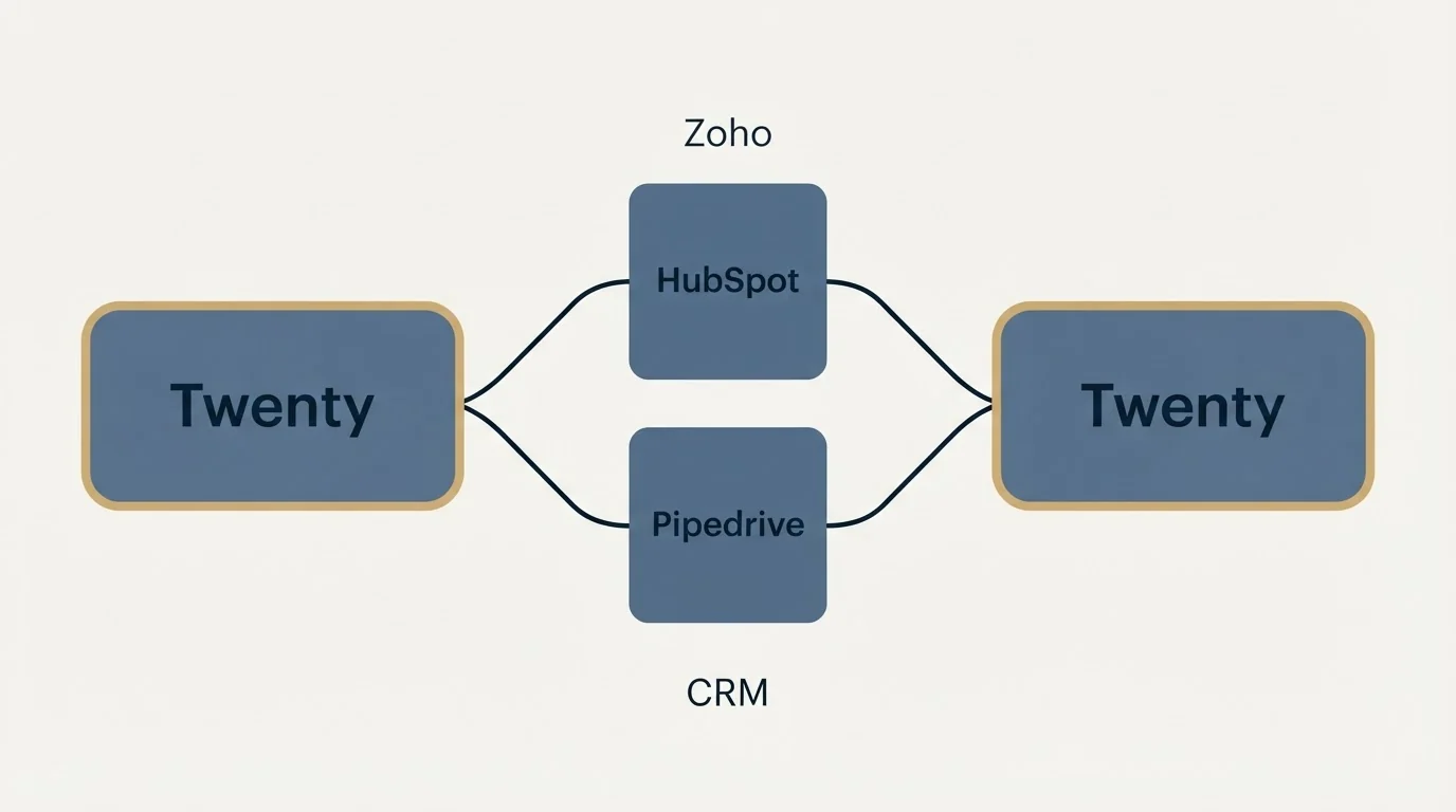 Integration schematic: Integration Ecosystem (Twenty, HubSpot, Zoho, CRM)