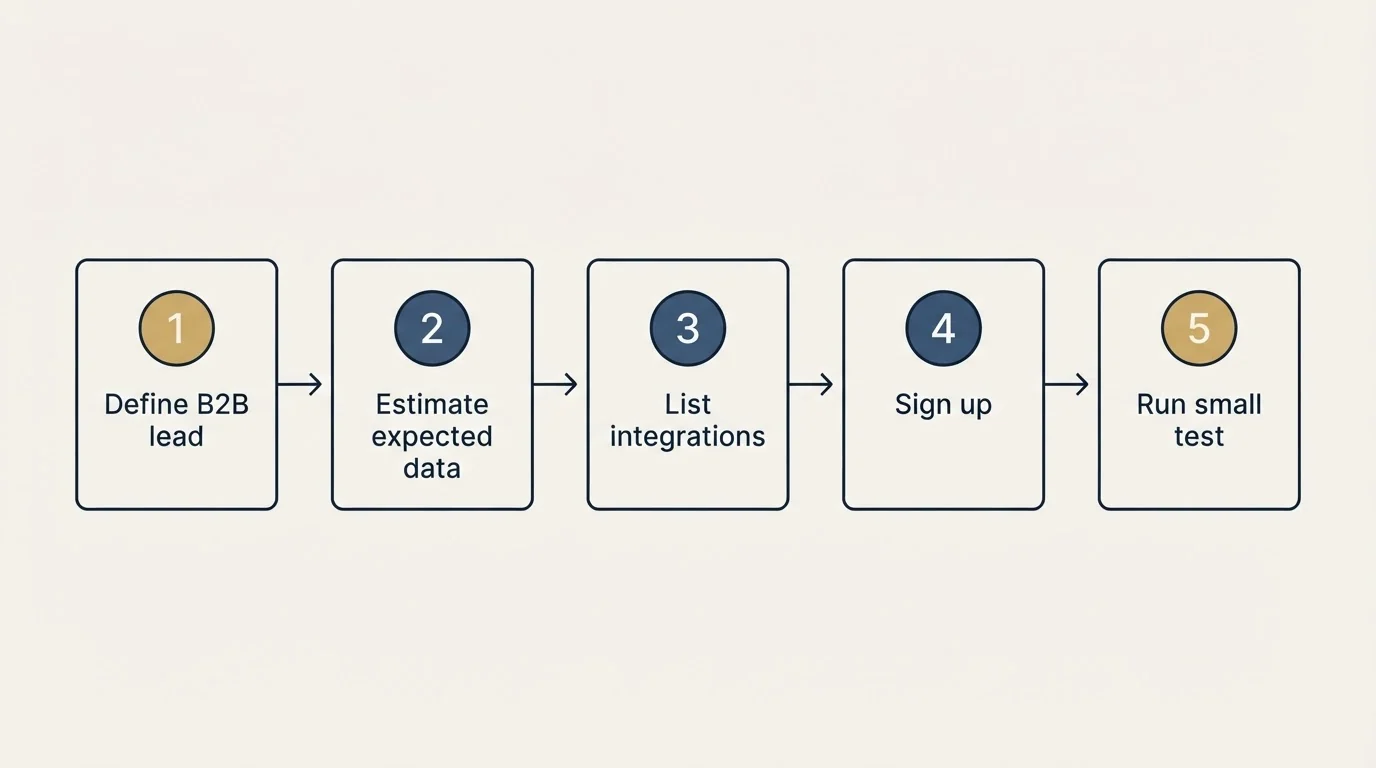 Step sequence: Getting Started Checklist (Define B2B lead, Estimate expected data, List integrations, Sign up)