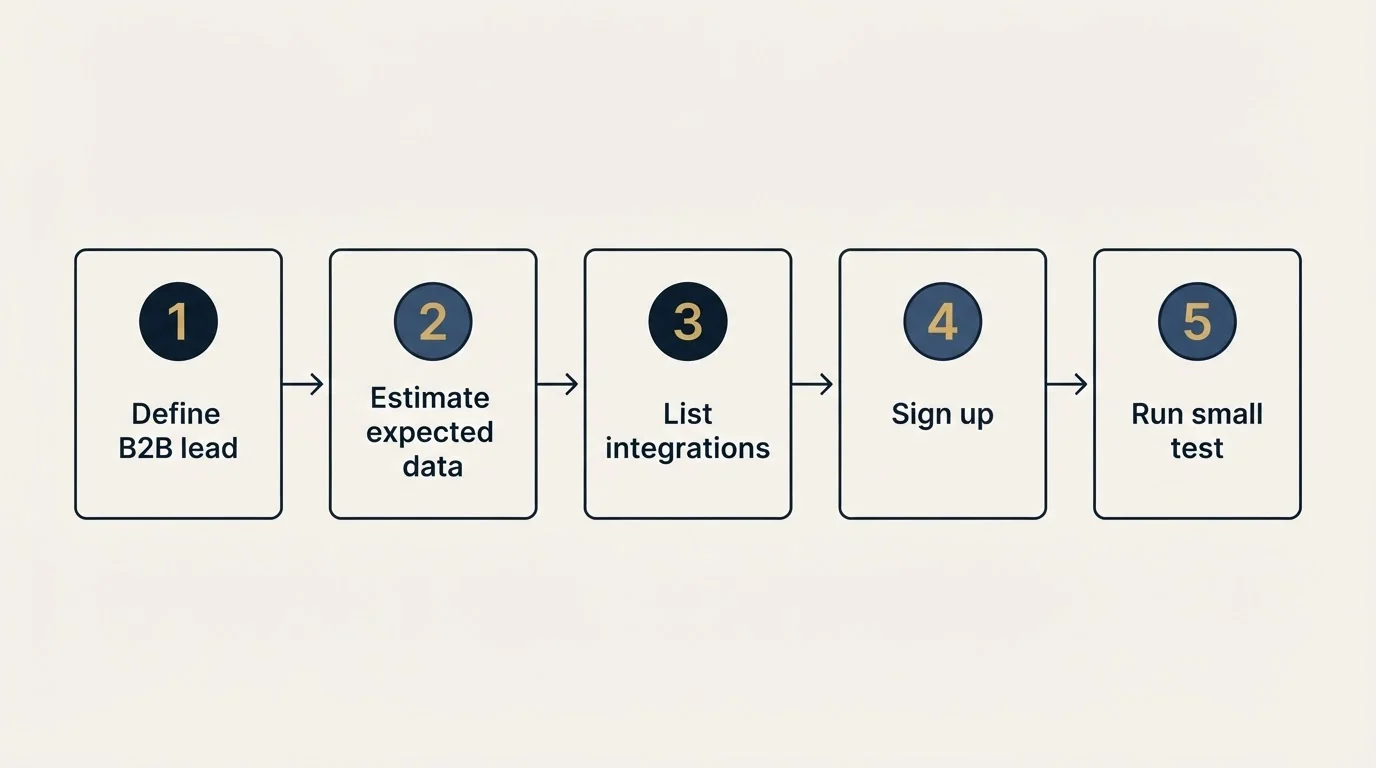 Step sequence: Getting Started Checklist (Define B2B lead, Estimate expected data, List integrations, Sign up)